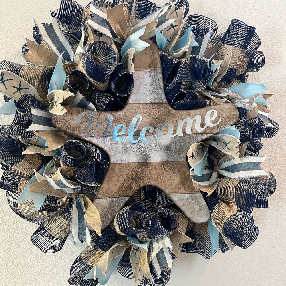 Blue and Tan Welcome Star Wreath